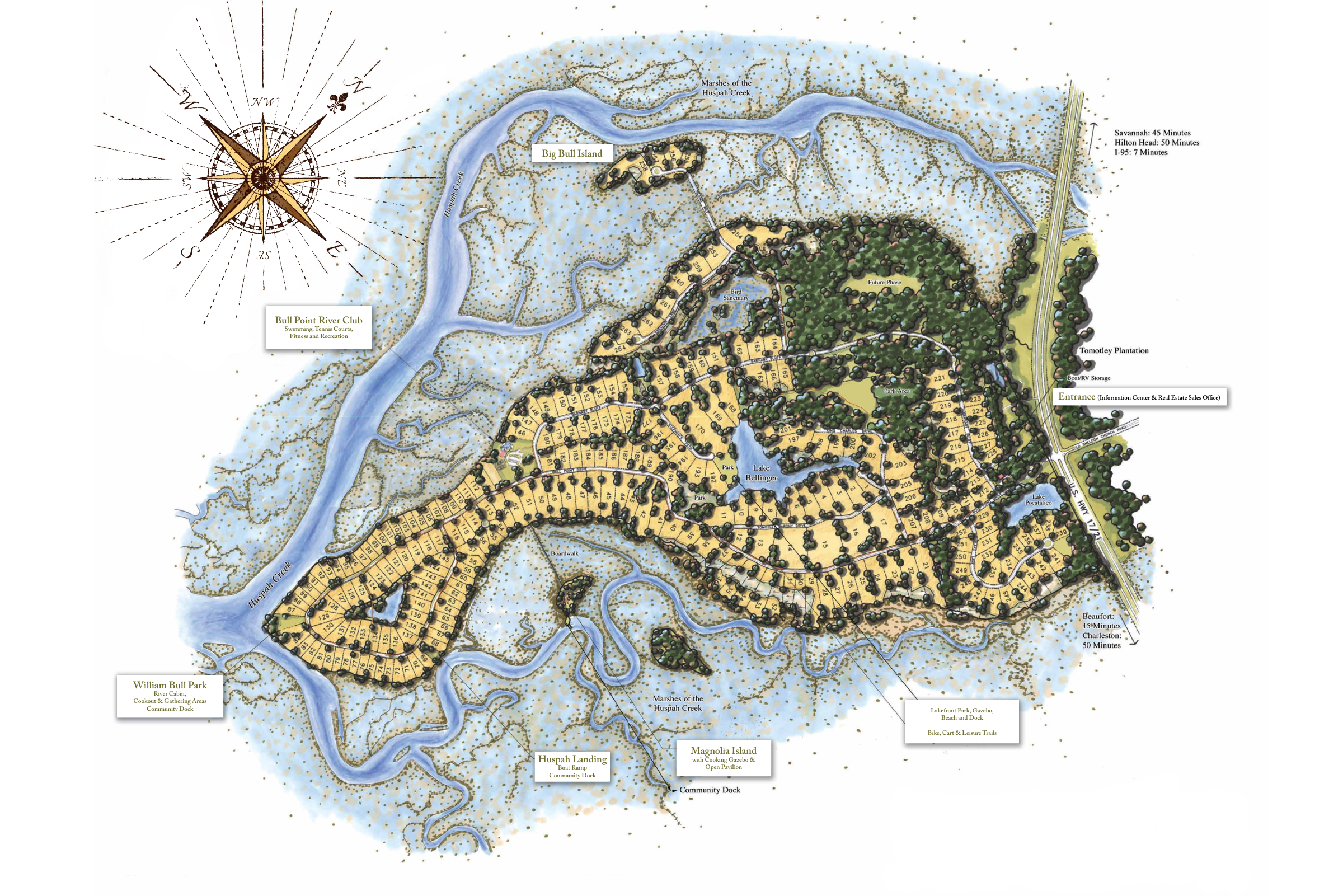 Historic illustrated plan of Bull Point: numbered lots, Lake Bellinger, Lake Pocotaligo, Magnolia Island, River Club, and William Bull Park